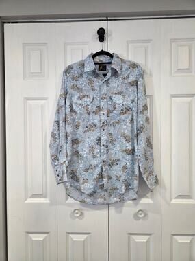 Vintage 70s Sears Shirt Hippy Floral Print Abstract Disco Rockabilly Medium